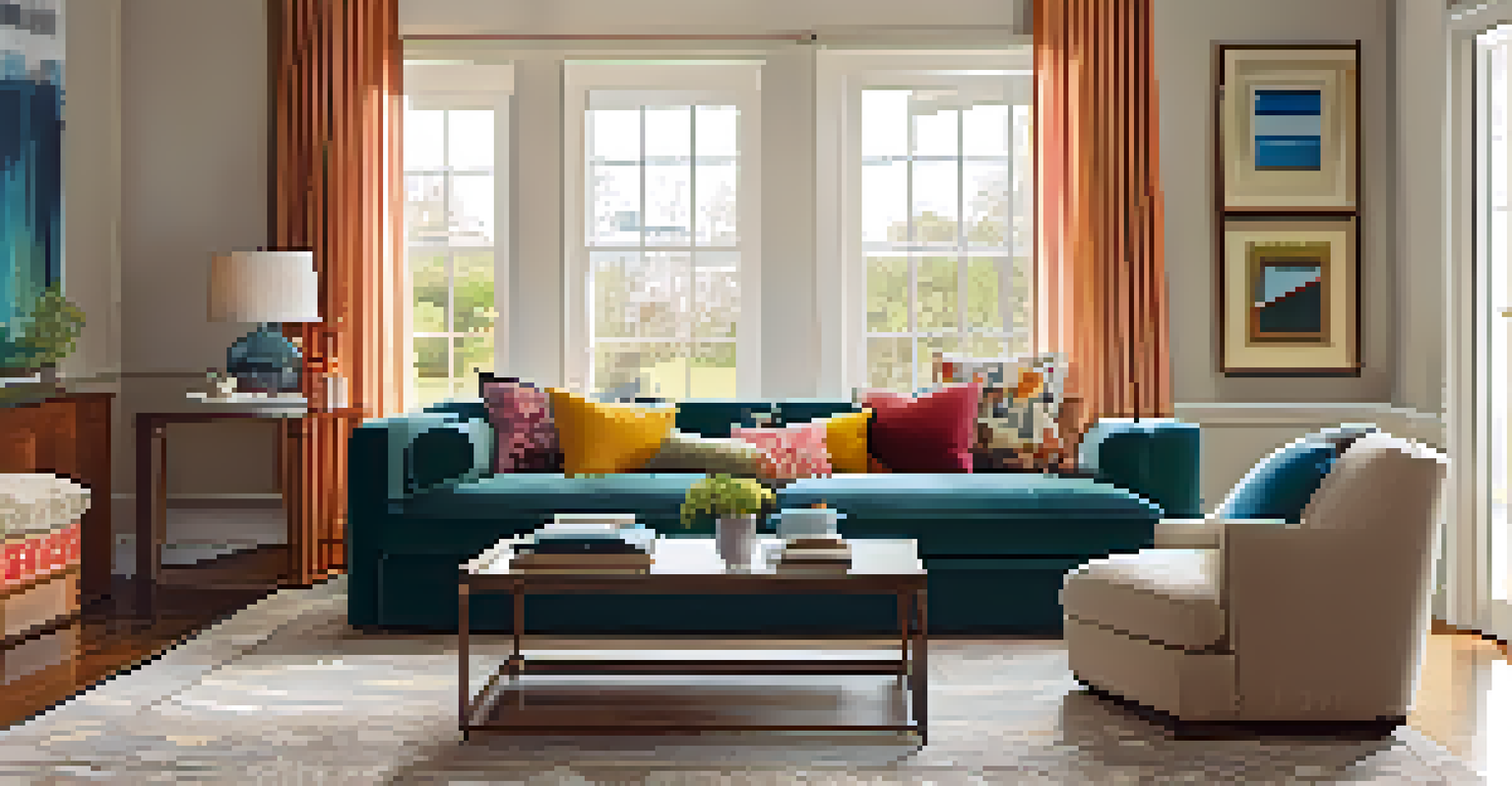 A cozy living room with a comfortable sofa, colorful cushions, and soft lighting.