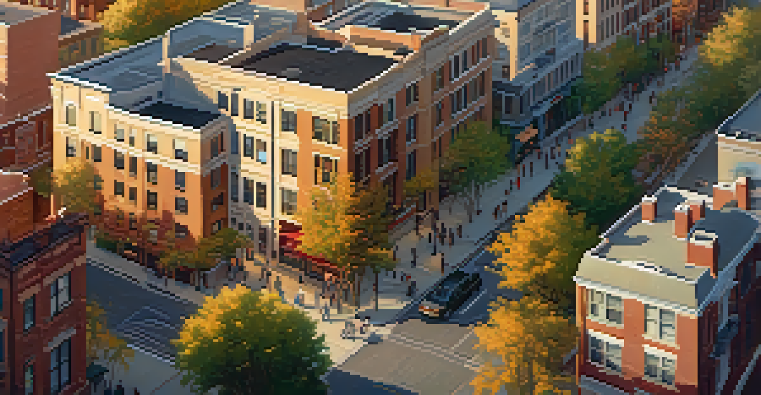 Aerial view of a lively urban neighborhood with residential and commercial buildings, people walking, and trees at sunset.