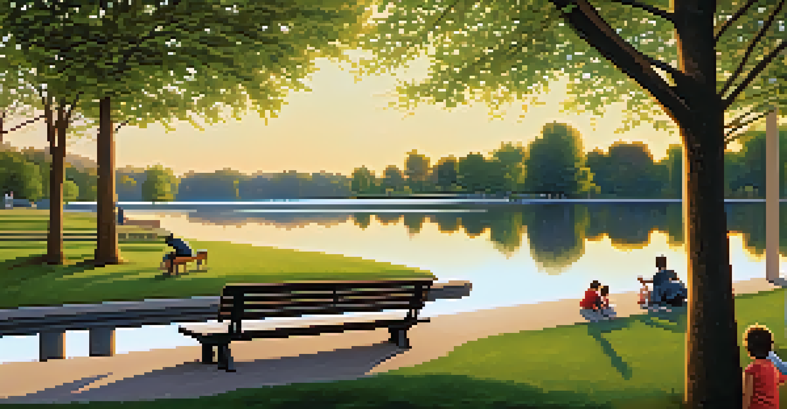 A peaceful park with families engaged in outdoor activities, surrounded by greenery.