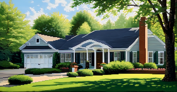 A modern home with a manicured lawn, a porch, and a 'For Sale' sign in front, under a clear blue sky.