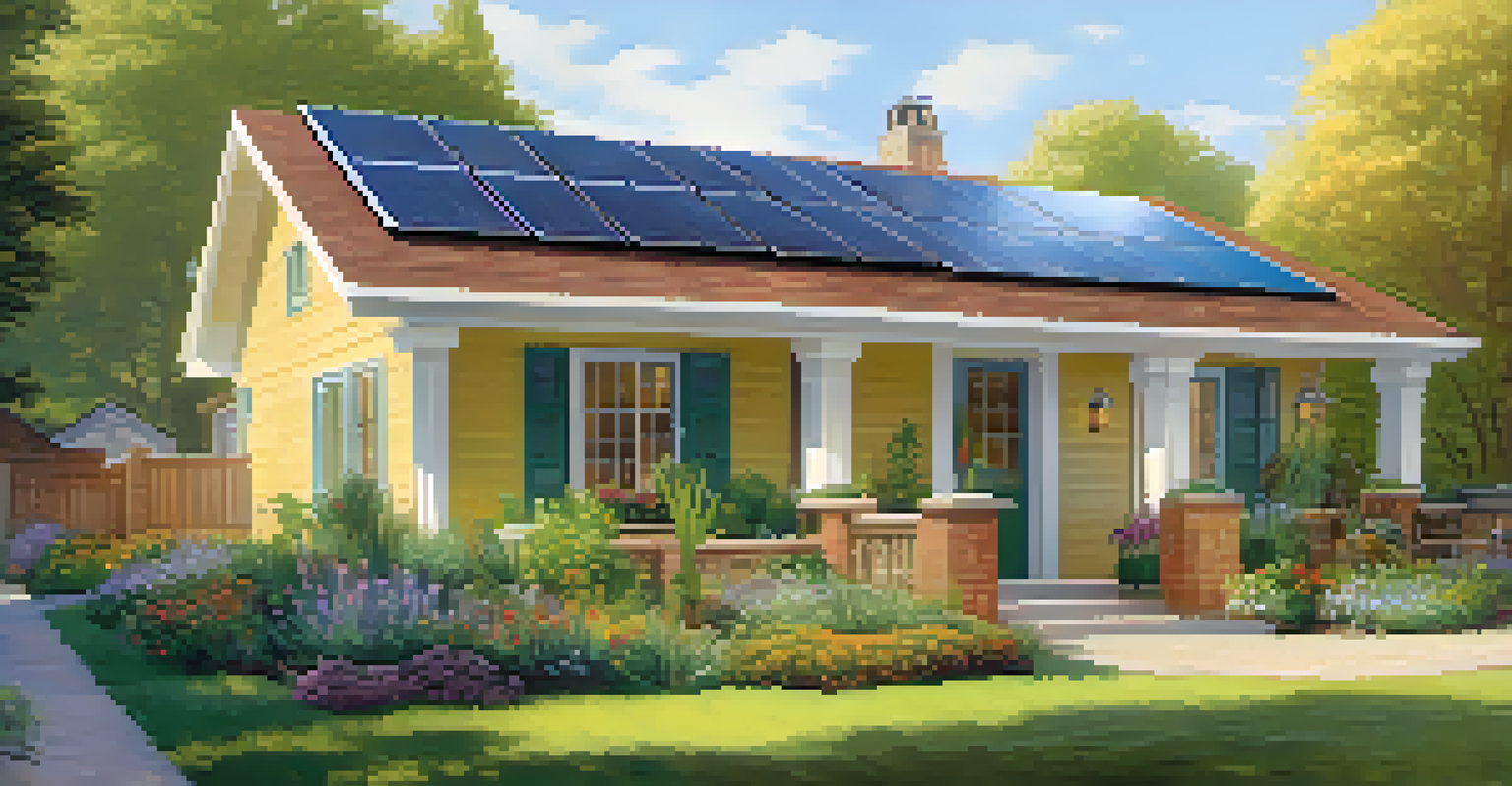 An eco-friendly house with solar panels and a garden in a lively neighborhood, showcasing sustainable living.