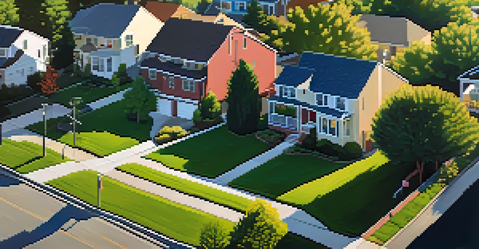 Aerial view of a suburban neighborhood with colorful houses and tree-lined streets during golden hour.