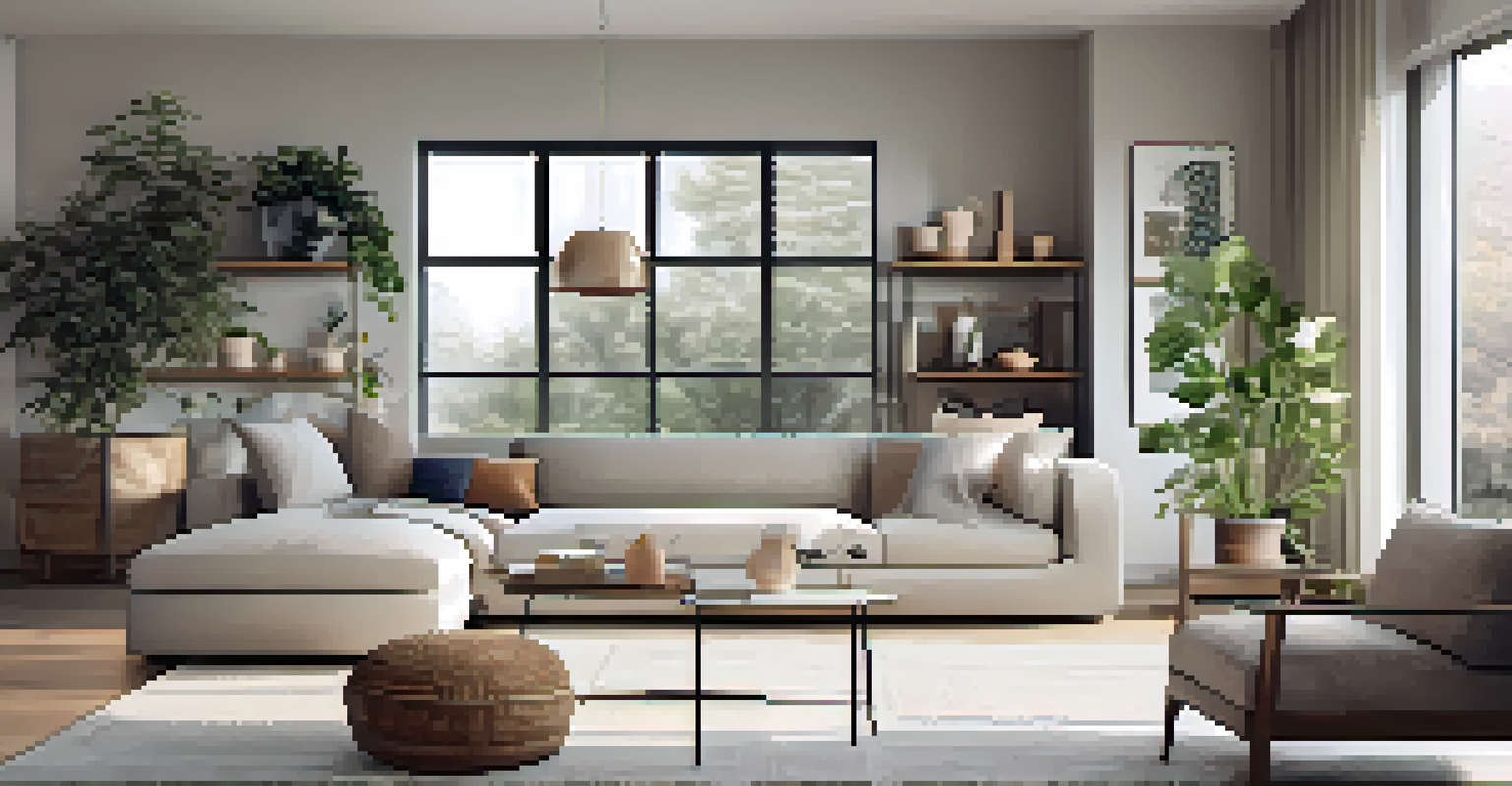 A minimalist living room with tidy organization, natural light, and houseplants, promoting calmness.
