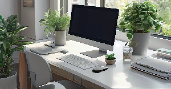 A bright home office with a desk, laptop showing a real estate crowdfunding platform, and a notepad with financial notes, with natural light pouring in through large windows.