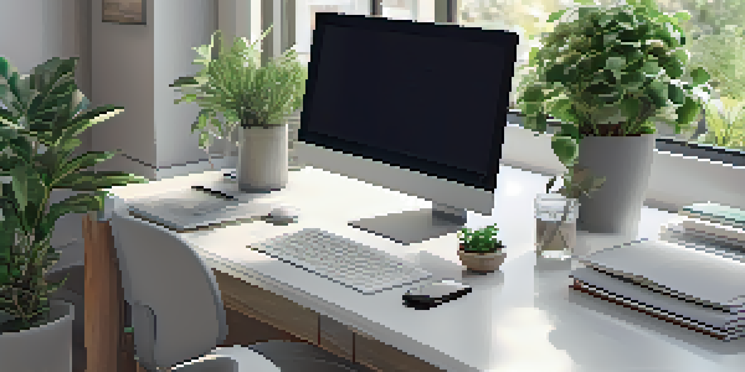A bright home office with a desk, laptop showing a real estate crowdfunding platform, and a notepad with financial notes, with natural light pouring in through large windows.