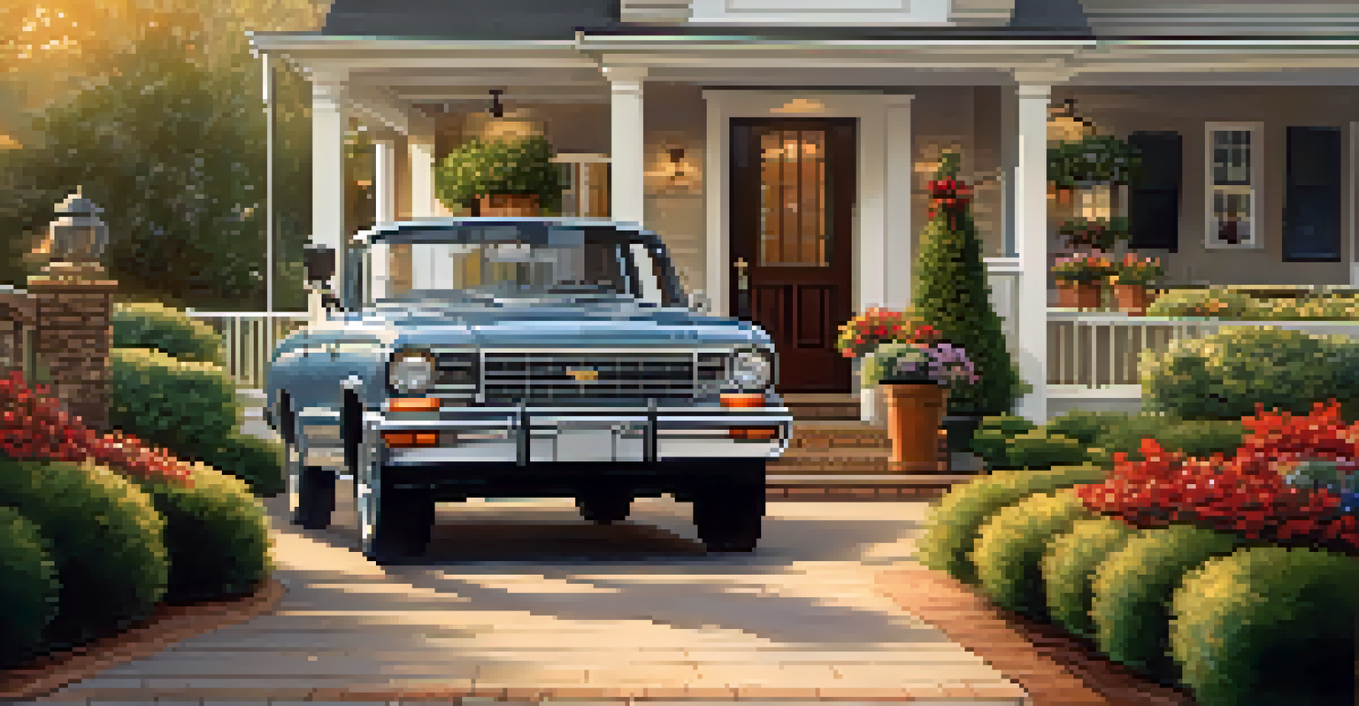 A neat driveway leading to a beautiful home, decorated with seasonal wreaths and flower pots, illuminated by warm golden hour sunlight.