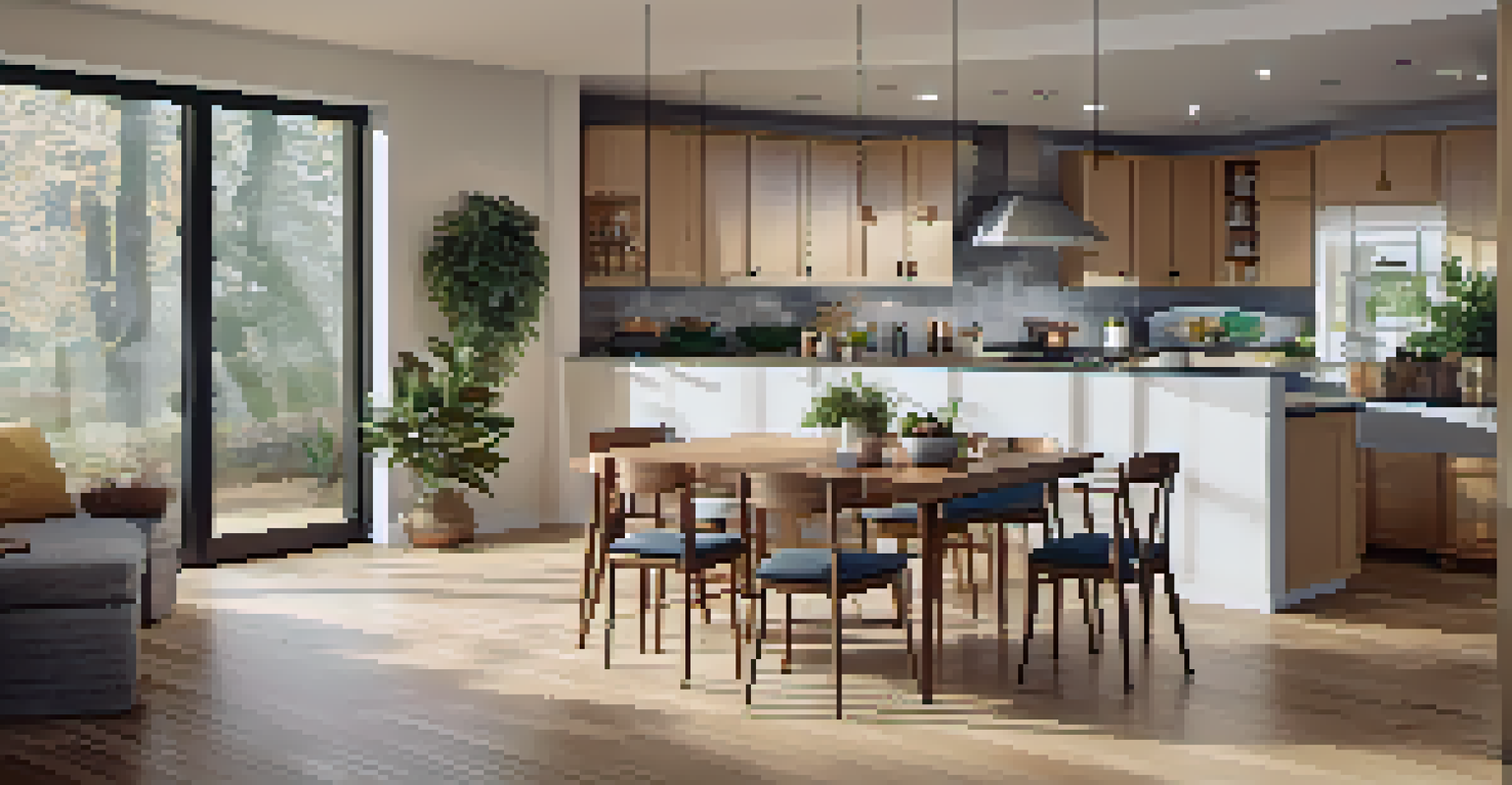 A bright and spacious kitchen designed for accessibility, with adjustable countertops and a family enjoying a meal together.
