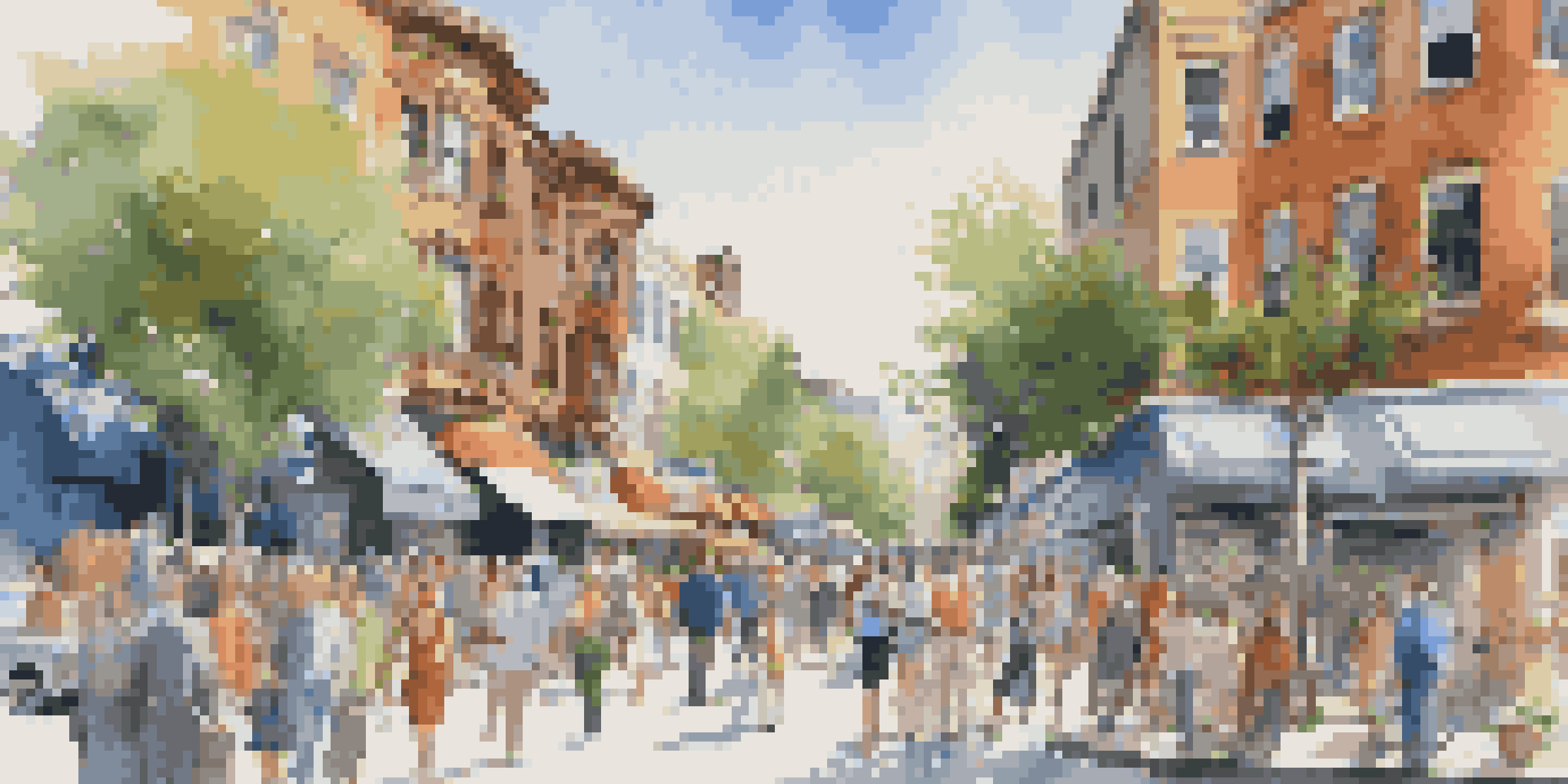 A lively urban street filled with diverse real estate properties, people interacting with agents, and colorful for-sale signs.