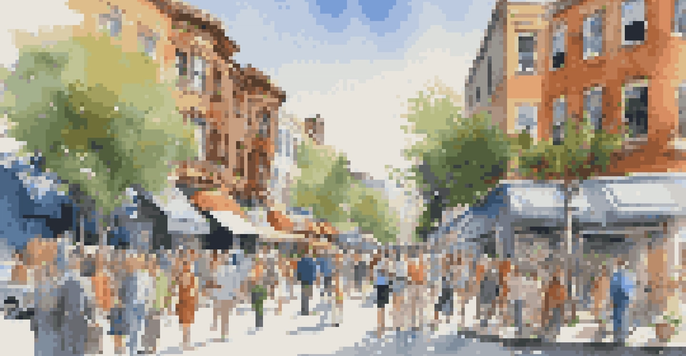 A lively urban street filled with diverse real estate properties, people interacting with agents, and colorful for-sale signs.