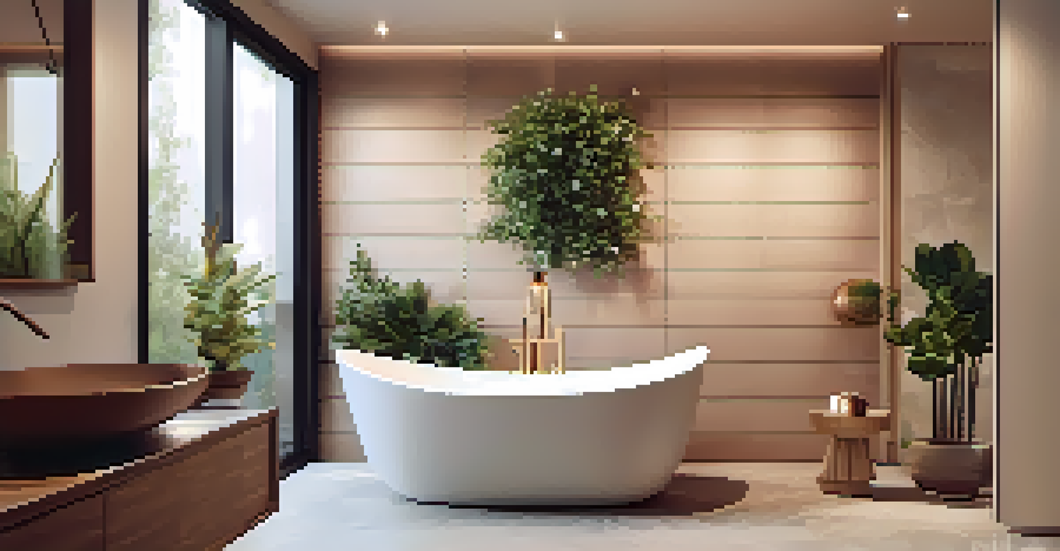 A stylish bathroom with a freestanding bathtub, elegant tiles, and soft ambient lighting, creating a spa-like atmosphere.