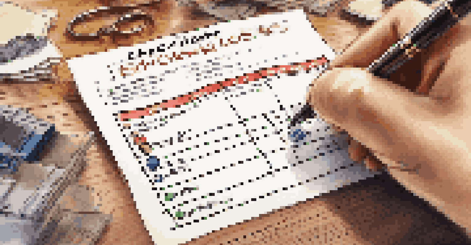 A detailed closing cost checklist on a wooden table with a pen, in the background a real estate agent talks to a couple.