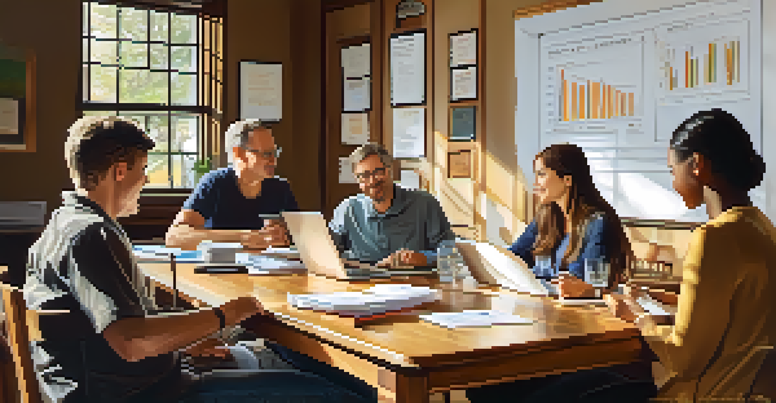 A family gathered around a dining table discussing their budget, with laptops and charts visible.