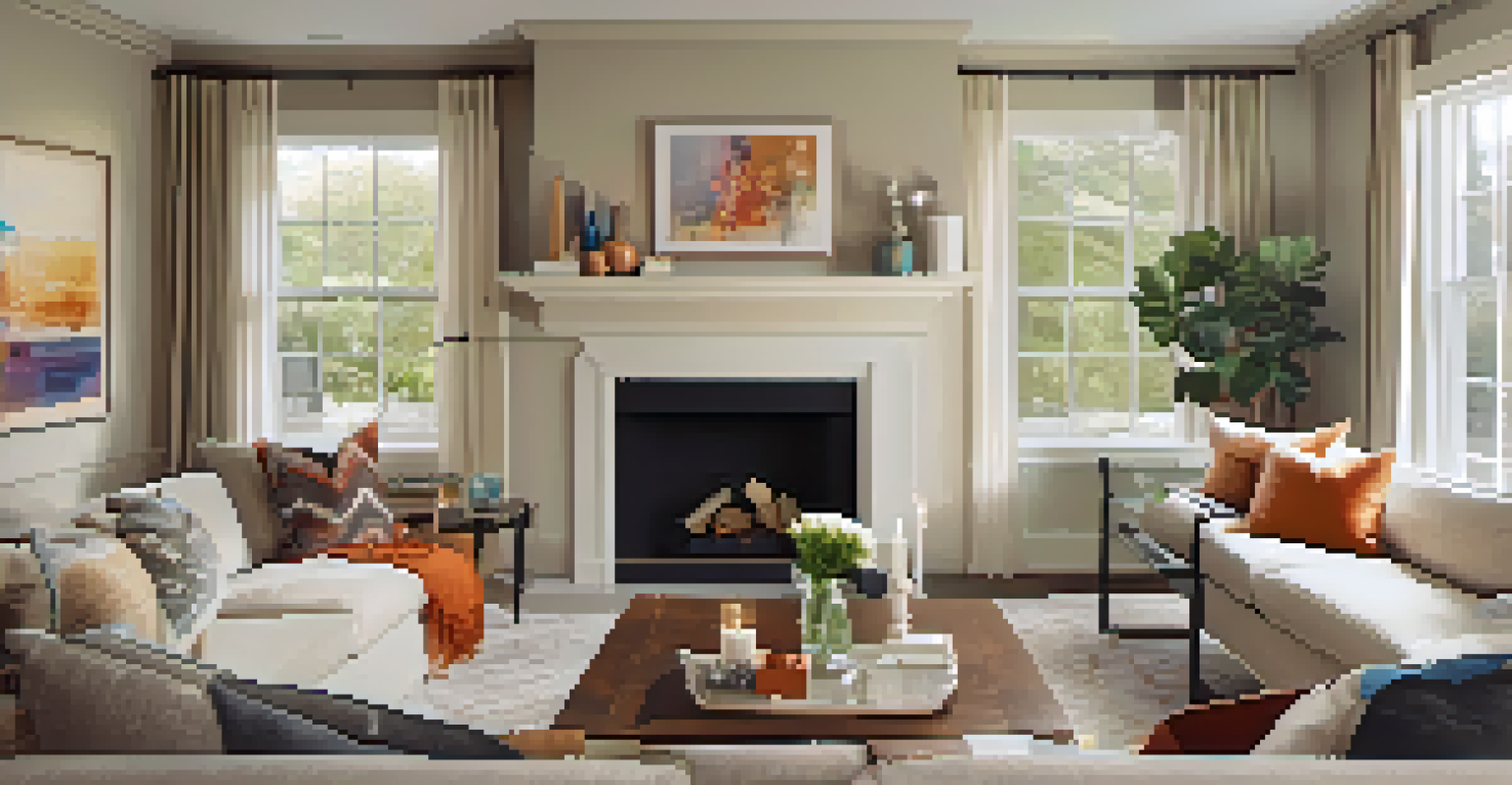 A cozy living room with a sofa, colorful pillows, and artwork above a fireplace.