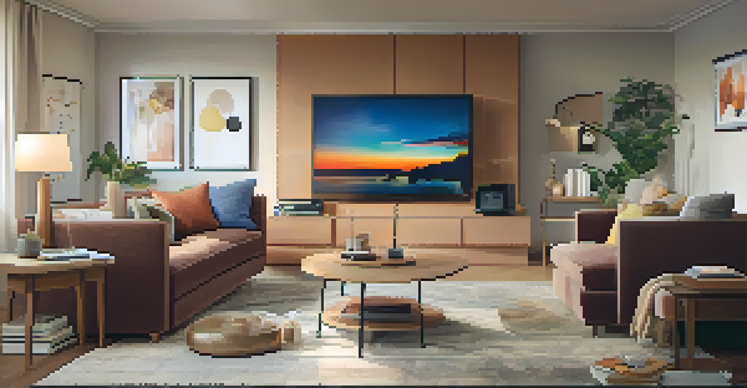 A cozy living room with a smart outlet, lamp, TV, and a voice assistant on a side table.