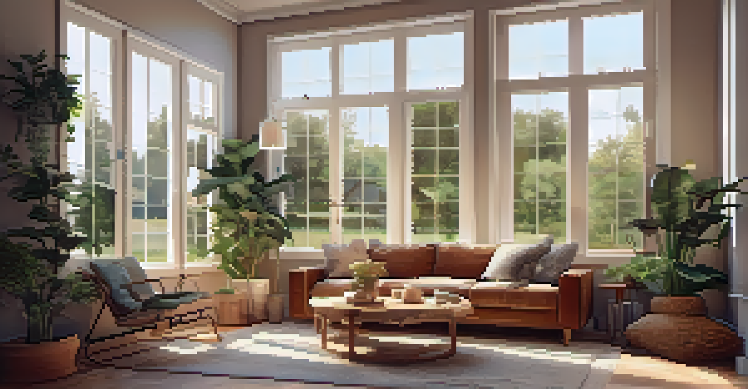 A cozy living room filled with natural light, indoor plants, and non-toxic materials, featuring a comfortable seating area.