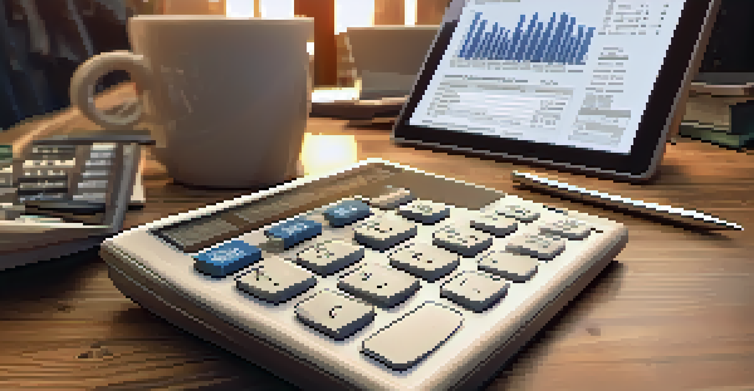 A close-up of hands using a calculator with financial documents and a laptop displaying tax information in the background, on a wooden table.