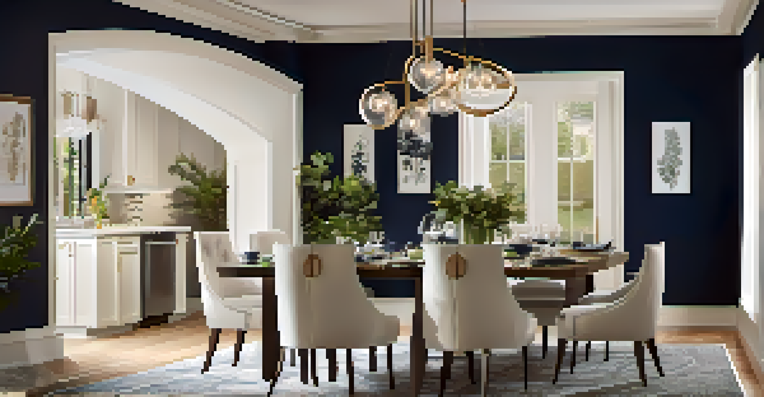 An elegant archway between a modern kitchen and dining room, featuring pendant lights and stylish decor in a harmonious color scheme.