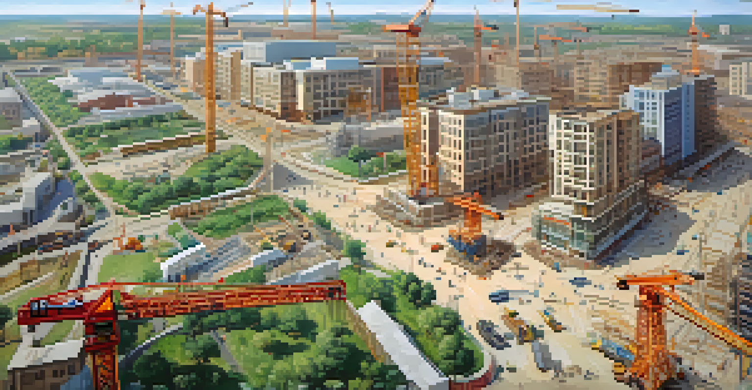 An aerial view of a city under construction with various buildings and cranes.