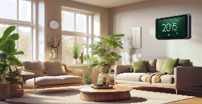 A warm living room with a smart thermostat on the wall, showcasing energy usage. The room is filled with natural light and decorated with plants.