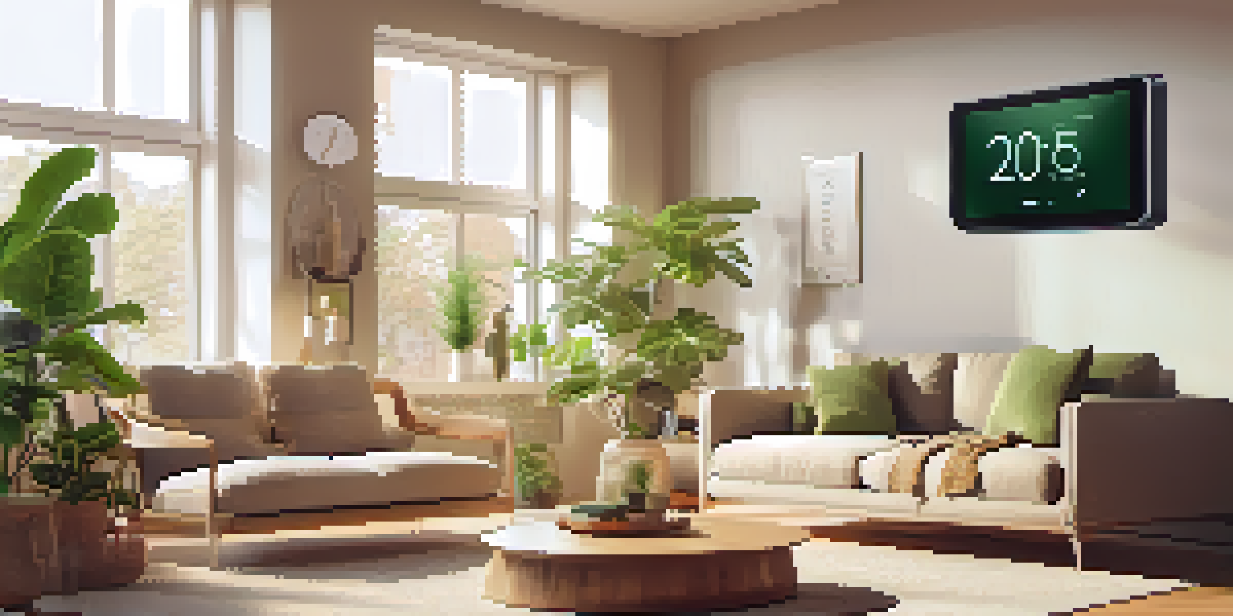 A warm living room with a smart thermostat on the wall, showcasing energy usage. The room is filled with natural light and decorated with plants.