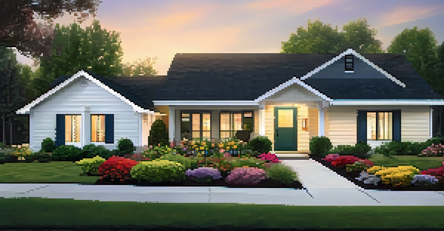 A charming vacation home exterior with fresh paint, flowers, and evening lighting, presenting an inviting welcome.