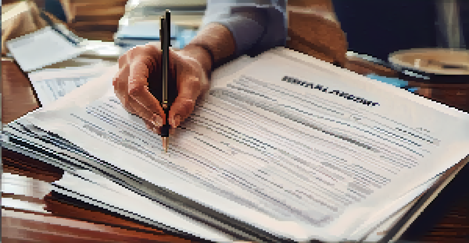 Close-up of hands holding rental agreements and eviction forms with a pen on top.