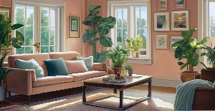 A cozy living room with warm lighting, comfortable sofa, wooden coffee table, and potted plants, decorated with pastel colors and framed pictures.