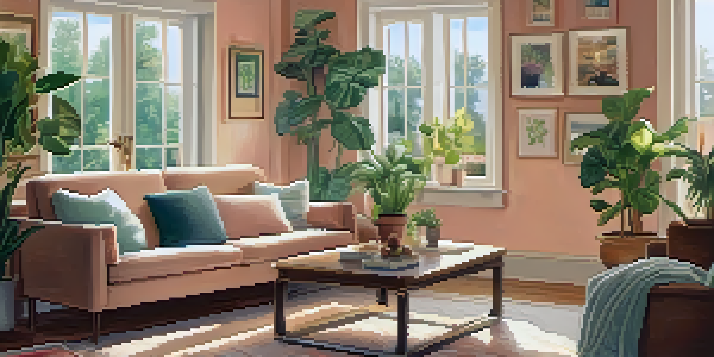 A cozy living room with warm lighting, comfortable sofa, wooden coffee table, and potted plants, decorated with pastel colors and framed pictures.
