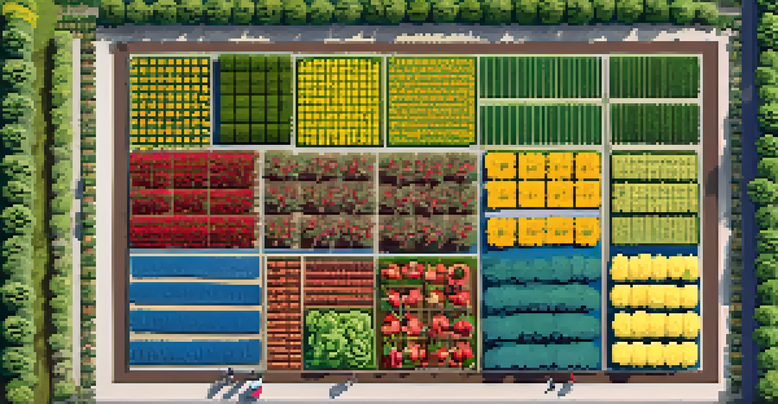 An aerial view of a colorful sustainable garden with various crops planted in rows, showcasing biodiversity.