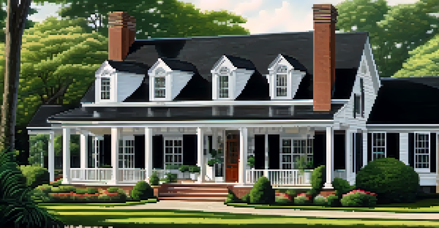 A colonial-style house with a classic black roof and a brick facade, surrounded by green trees and soft sunlight.