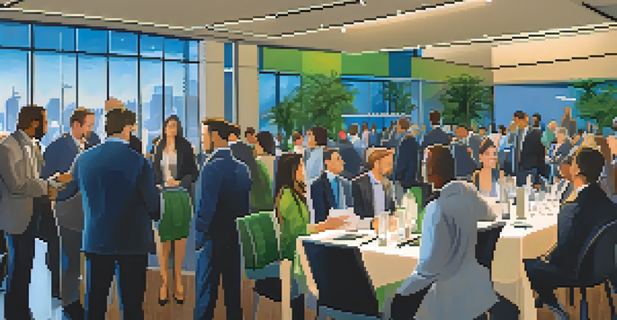 A lively networking event with professionals interacting, shaking hands, and exchanging business cards in a modern setting.