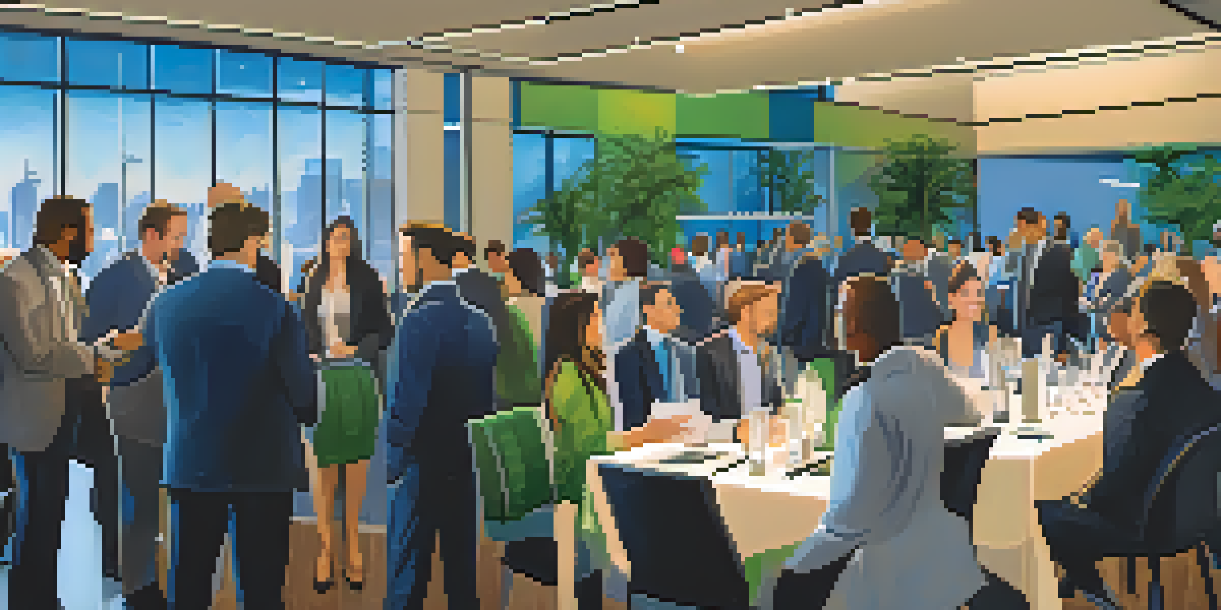 A lively networking event with professionals interacting, shaking hands, and exchanging business cards in a modern setting.