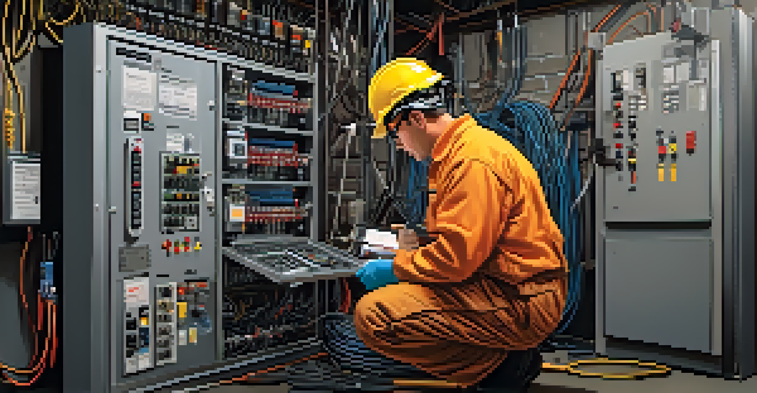 A professional electrician inspecting a circuit breaker panel in a well-lit basement, emphasizing safety.