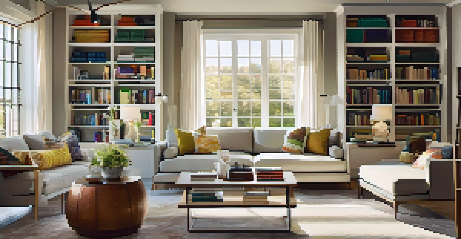 A cozy living room with a neutral color scheme, colorful pillows, and sunlight streaming through the windows.
