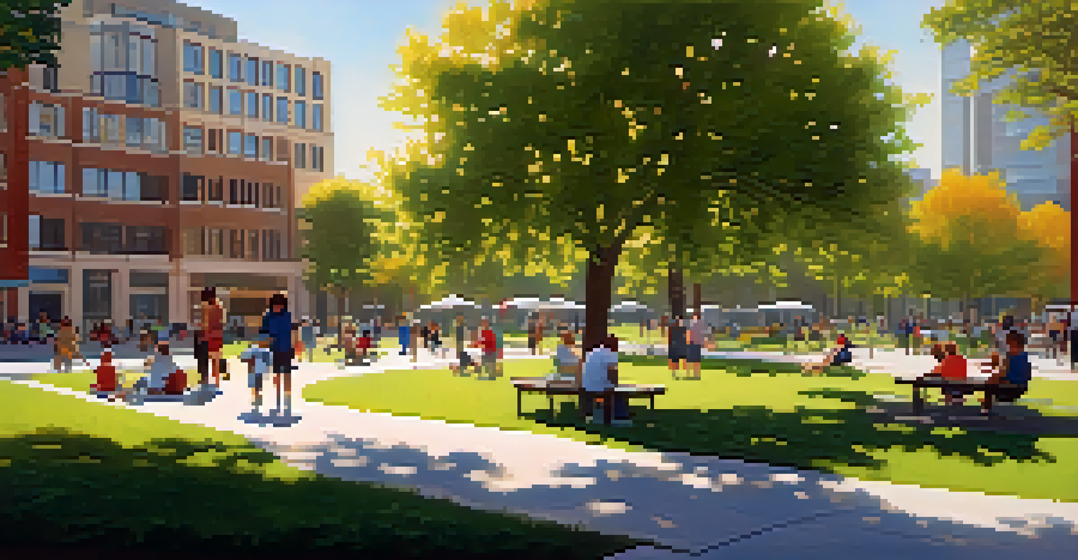A peaceful urban park with families relaxing and children playing, surrounded by modern buildings under the warm afternoon sun.