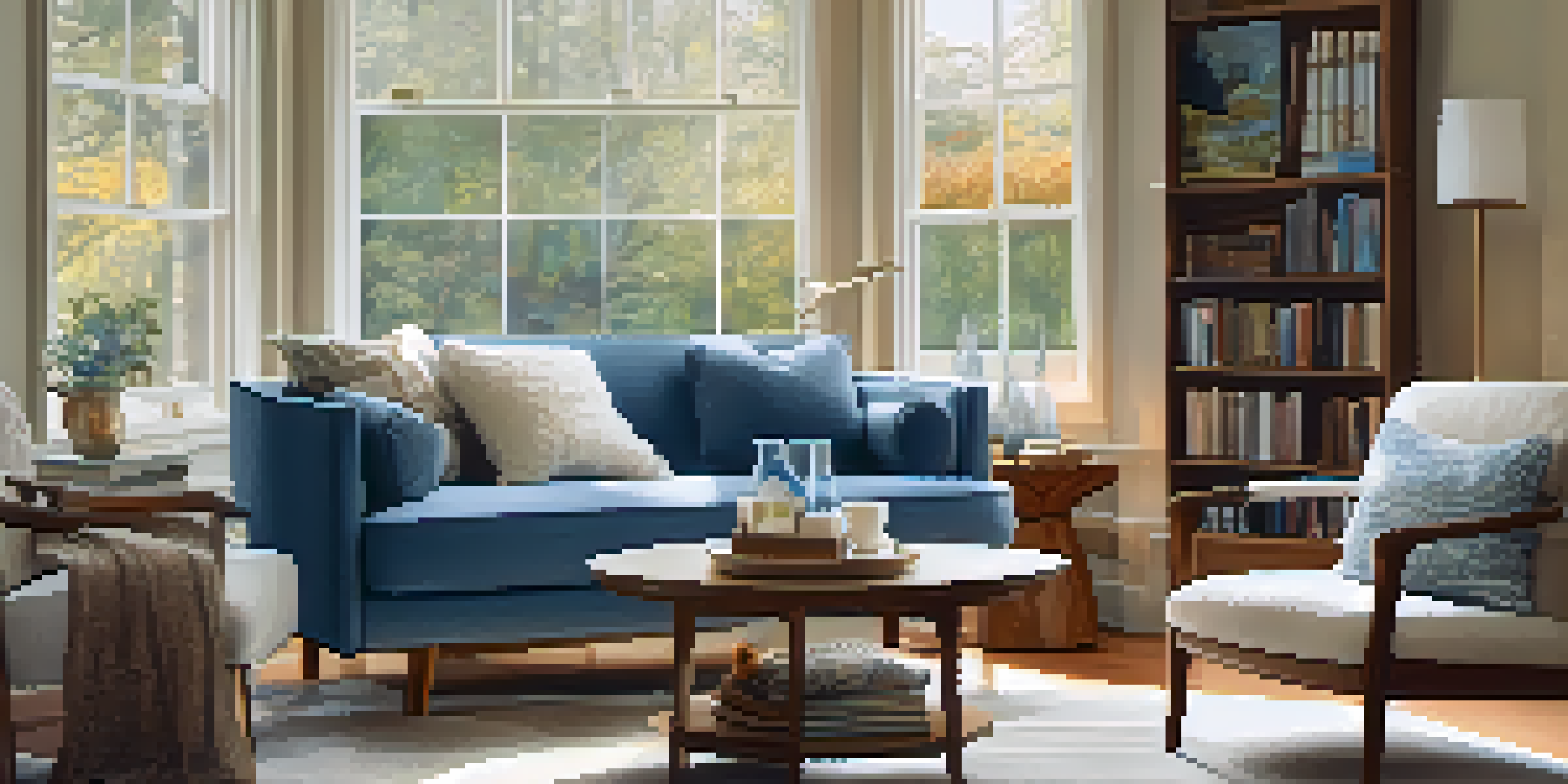 A cozy living room with a reading nook, featuring a plush armchair, a side table with tea, and soft blue decor illuminated by natural light.