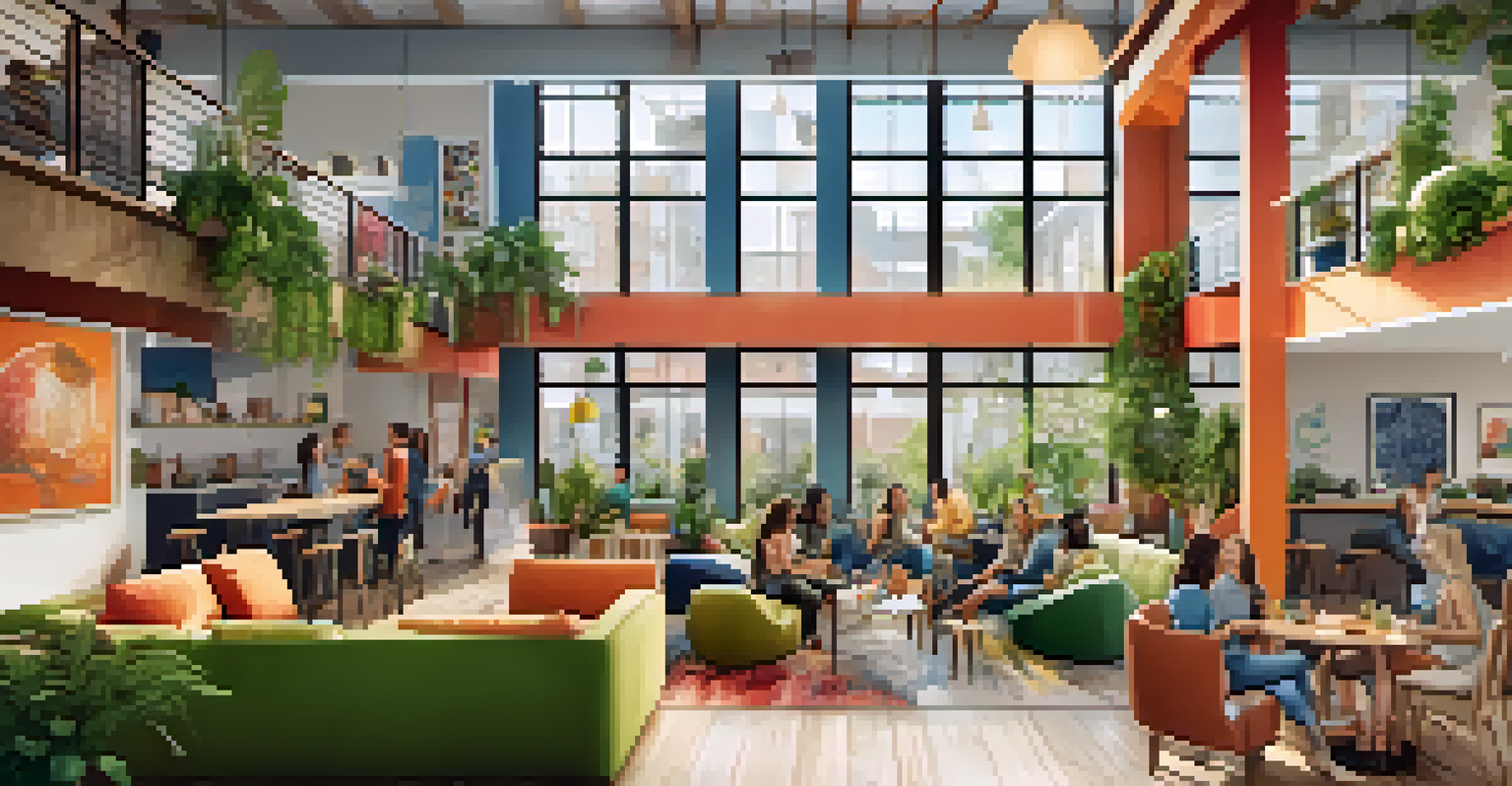 A lively co-living space with shared kitchen and coworking area, showcasing young professionals collaborating and socializing.