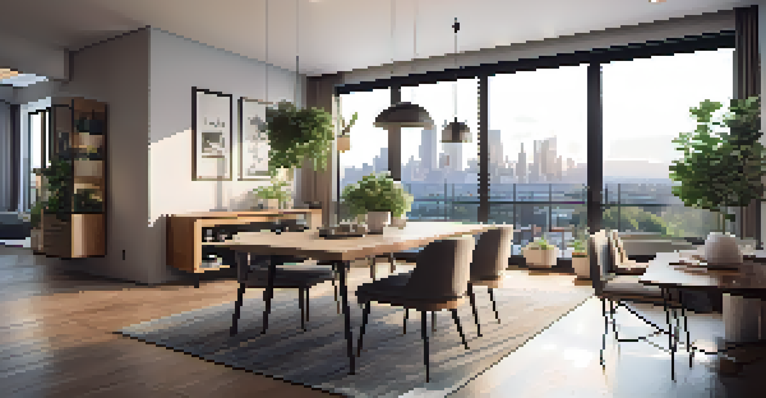 A modern urban apartment with an open concept layout, featuring a dining area and living room connected, filled with natural light and minimalist decor.