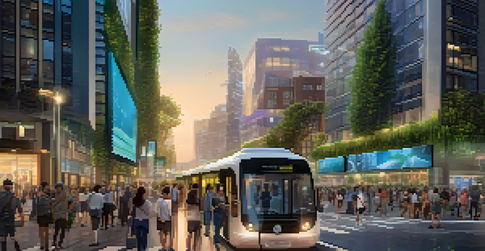 A vibrant urban street scene showing people using technology in a smart city with modern buildings and illuminated signs.