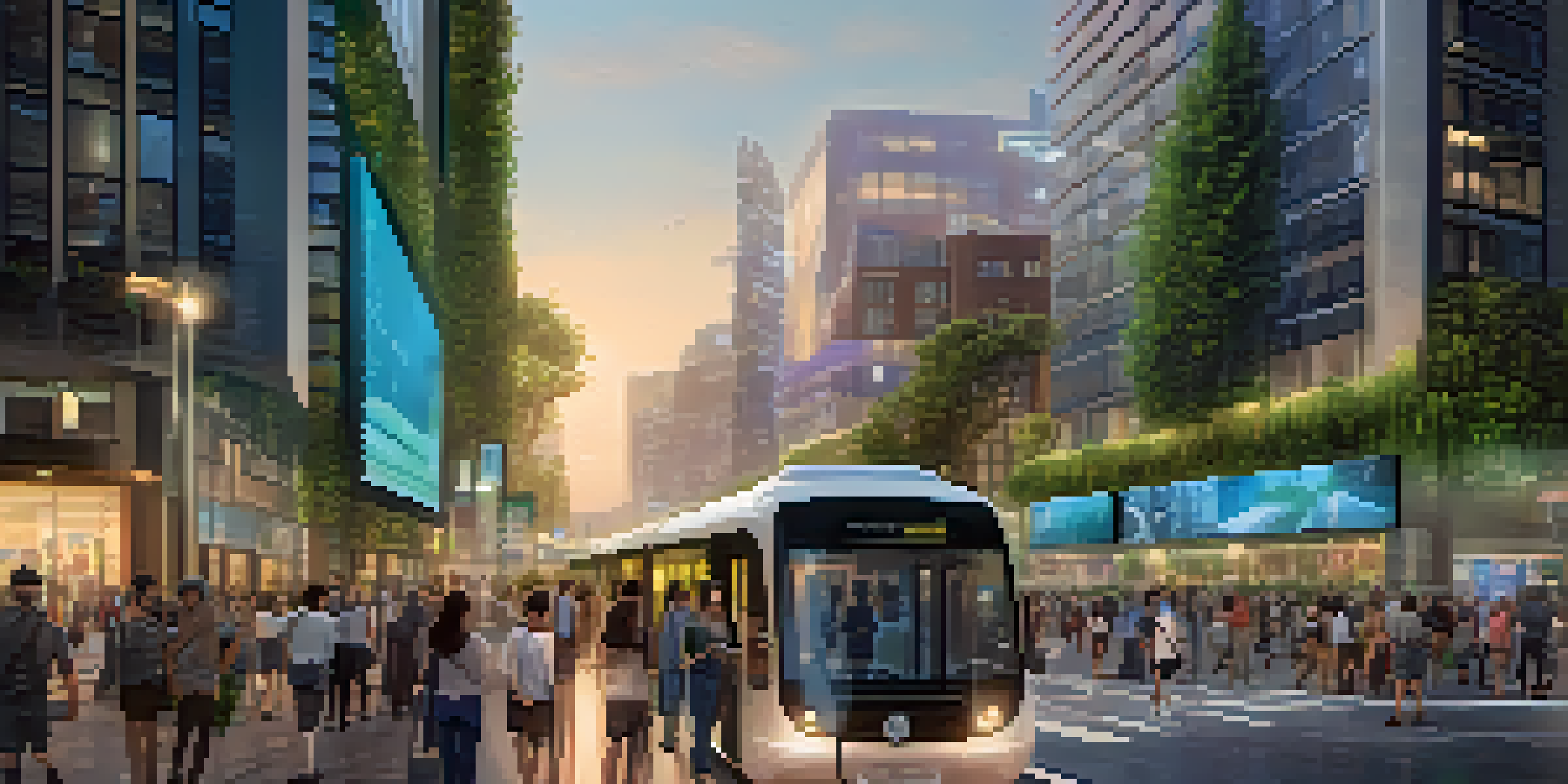 A vibrant urban street scene showing people using technology in a smart city with modern buildings and illuminated signs.