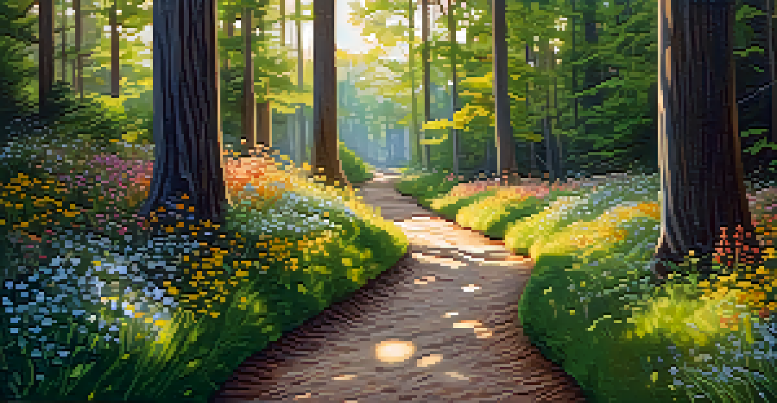 A whimsical wood chip trail in a woodland garden, surrounded by trees and wildflowers, illuminated by sunlight.