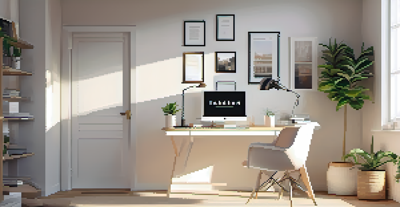A minimalist home office with a white desk, laptop, and a corkboard filled with inspiring quotes, illuminated by sunlight.