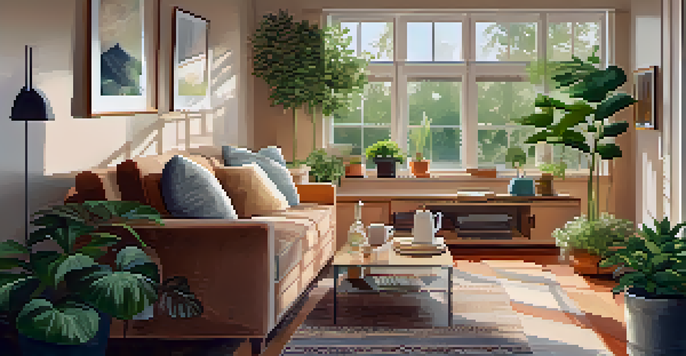 A warm and inviting living room with a comfortable sofa, coffee table, and natural light coming through large windows.