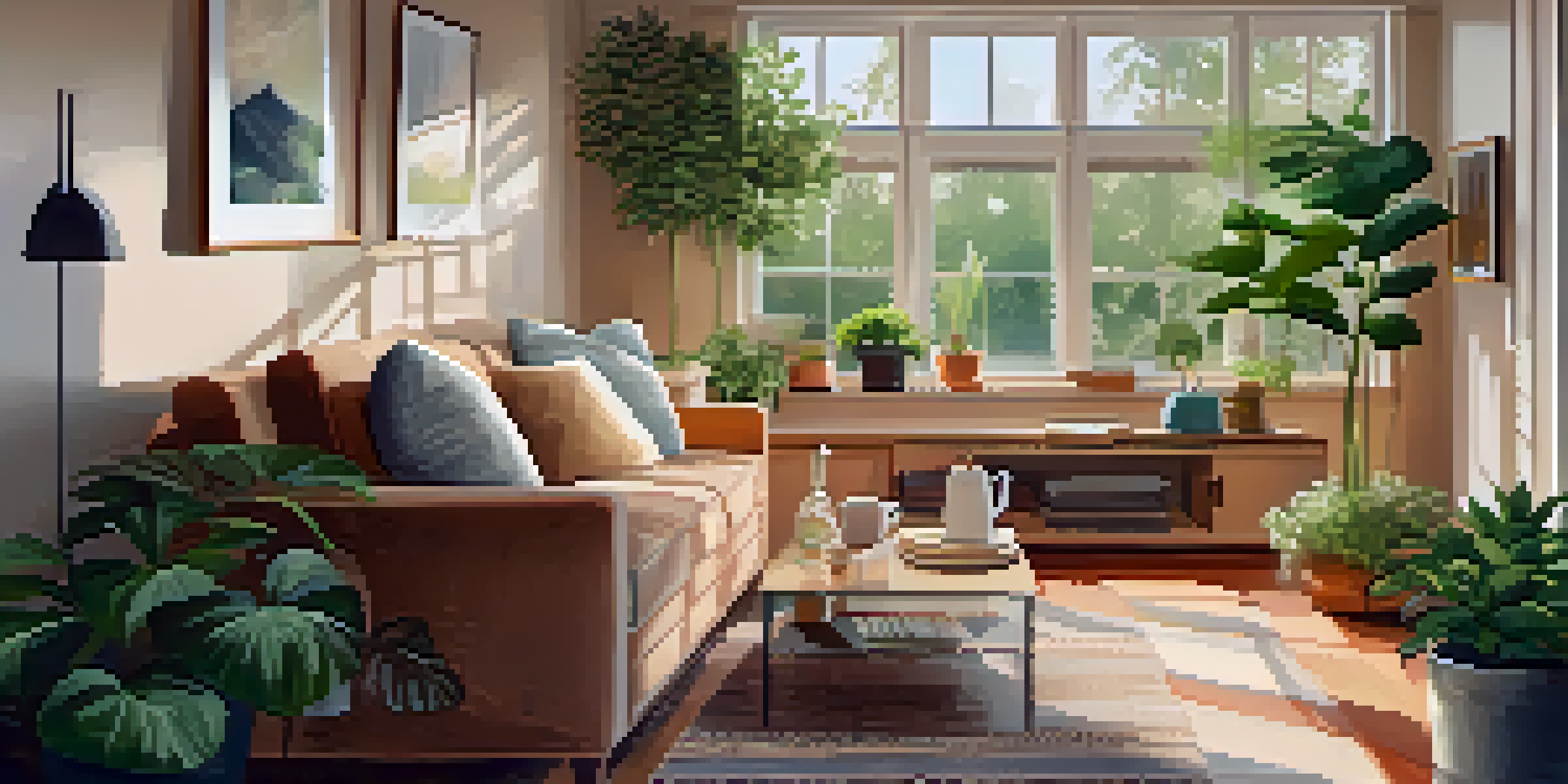 A warm and inviting living room with a comfortable sofa, coffee table, and natural light coming through large windows.