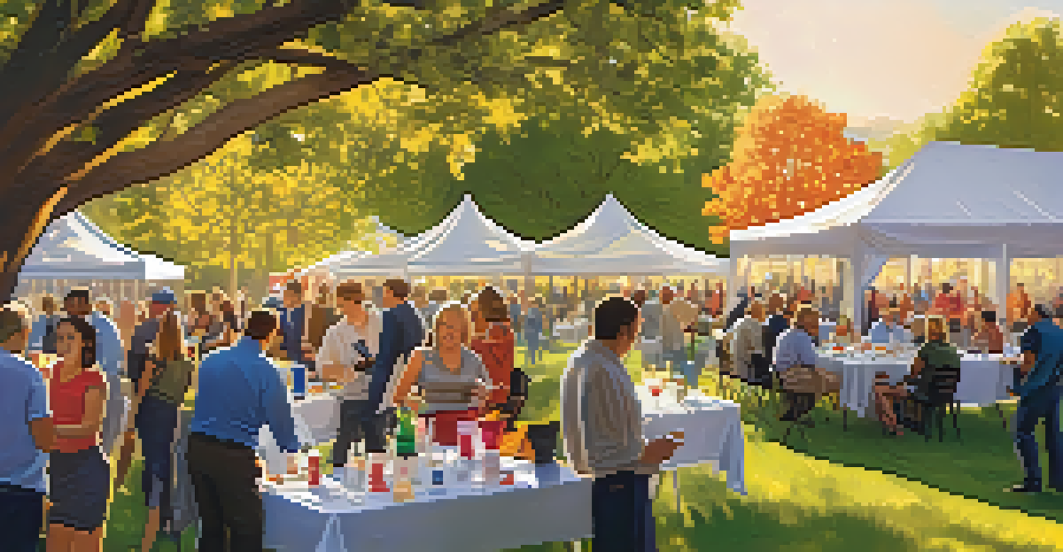 Contractors networking in a park during an outdoor event, with tables set up and colorful decorations, surrounded by nature.