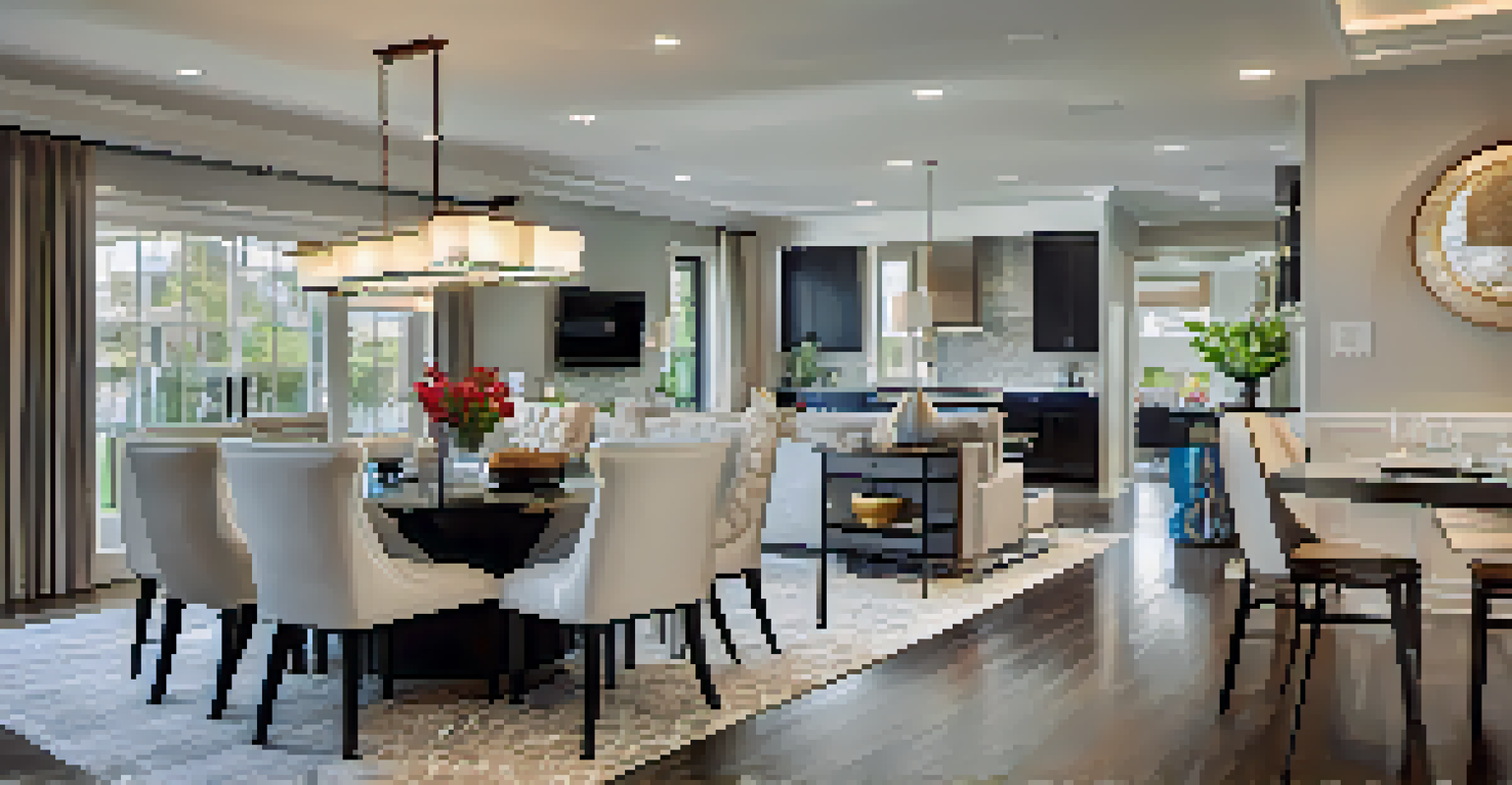 An elegant open concept area with a defined living space, dining area, and modern kitchen, beautifully decorated.