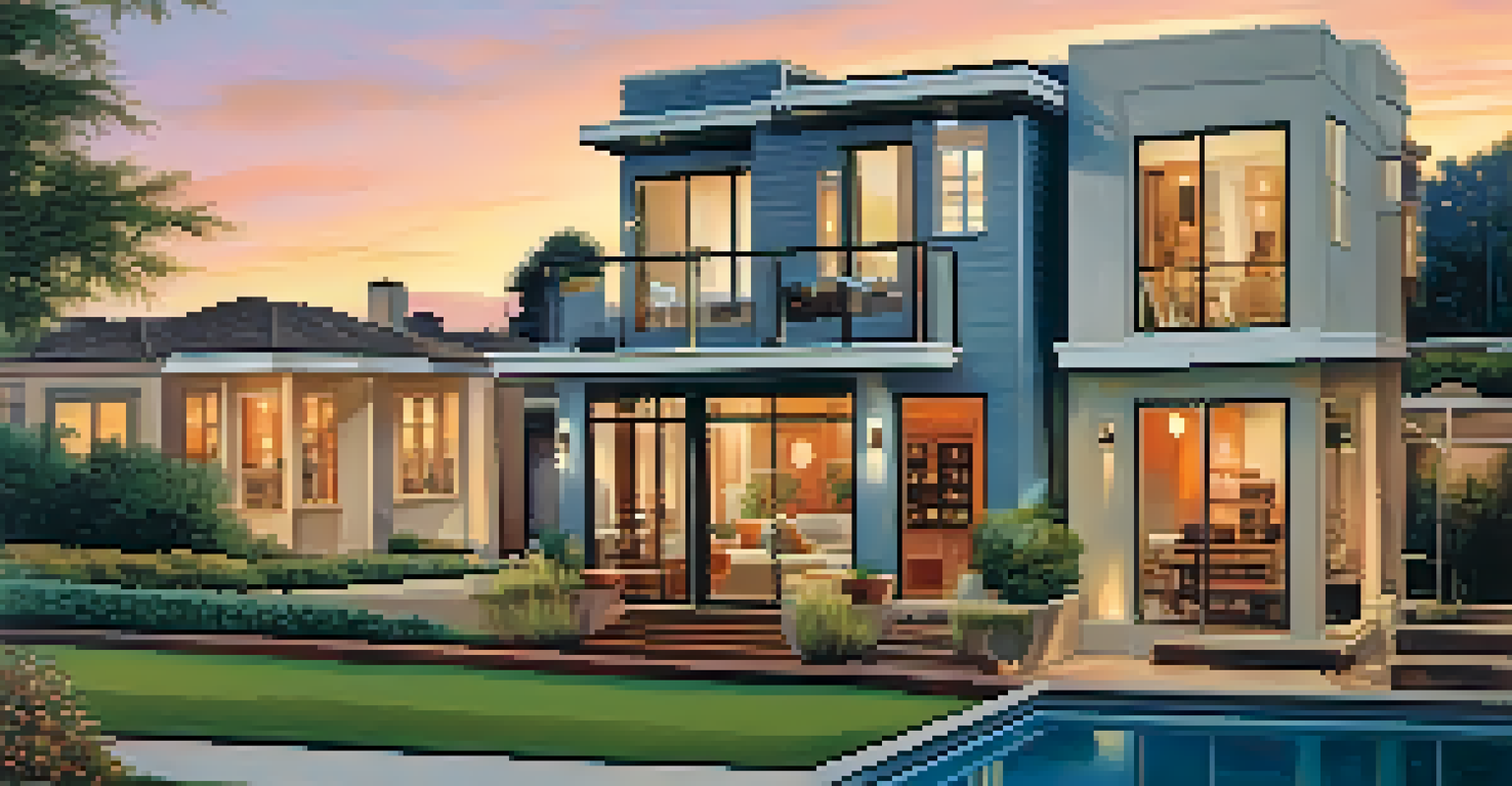 A collage of diverse residential properties including a suburban home, urban apartment, and luxurious villa against a sunset background.