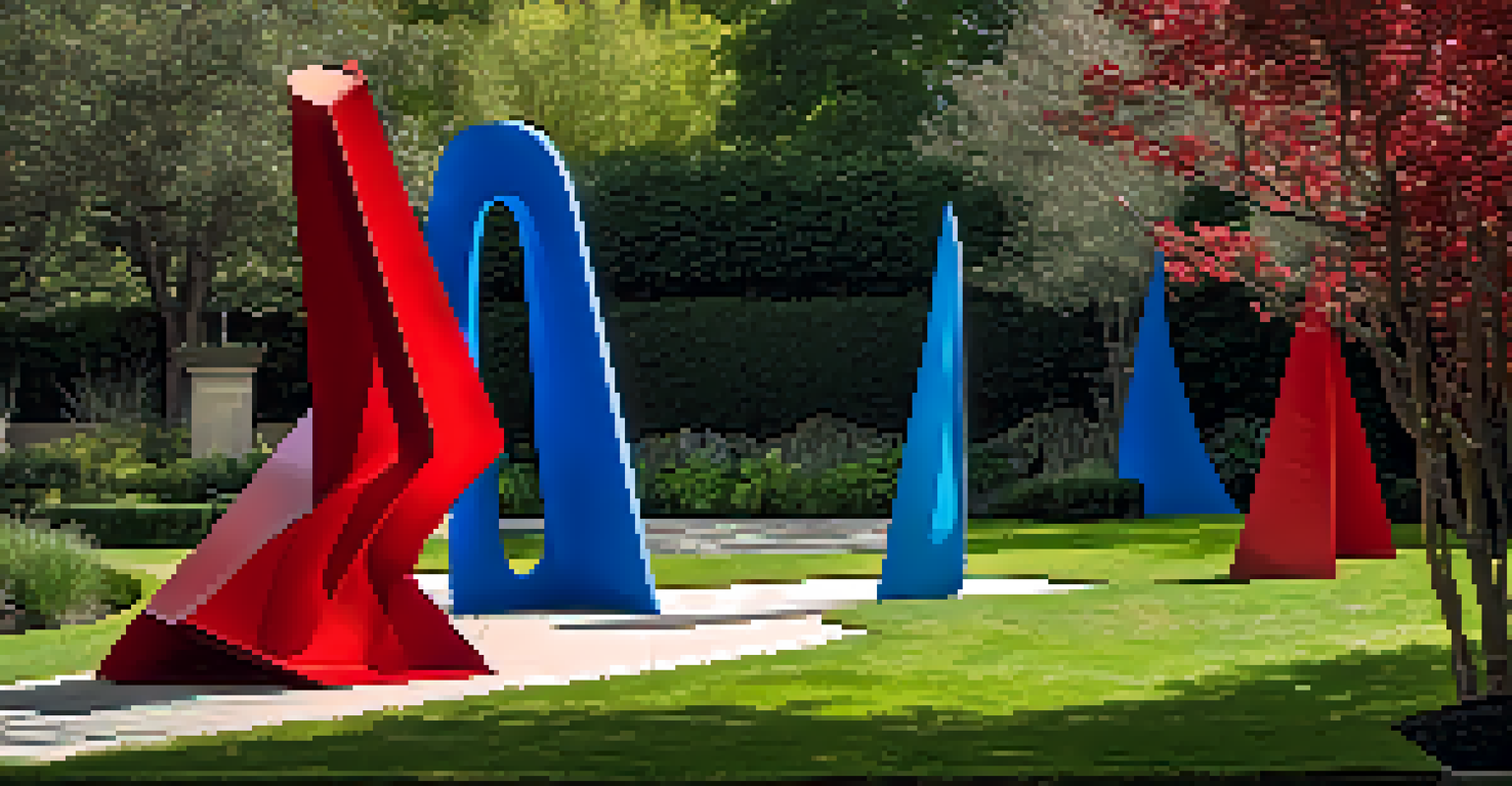 A colorful abstract metal sculpture in a minimalist garden with green grass and a stone pathway.