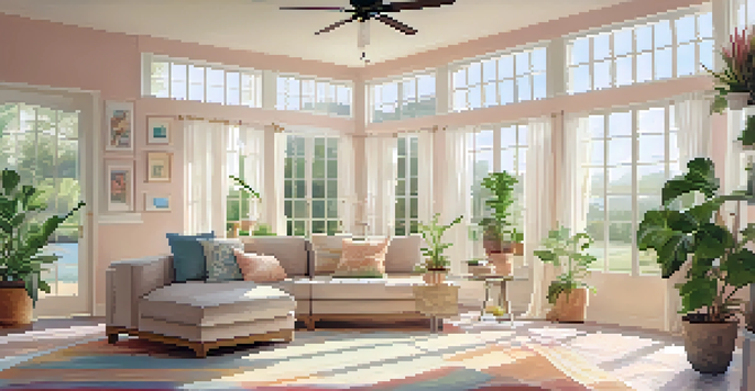A sunny living room filled with natural light, featuring potted plants, light curtains, and an energy-efficient ceiling fan.