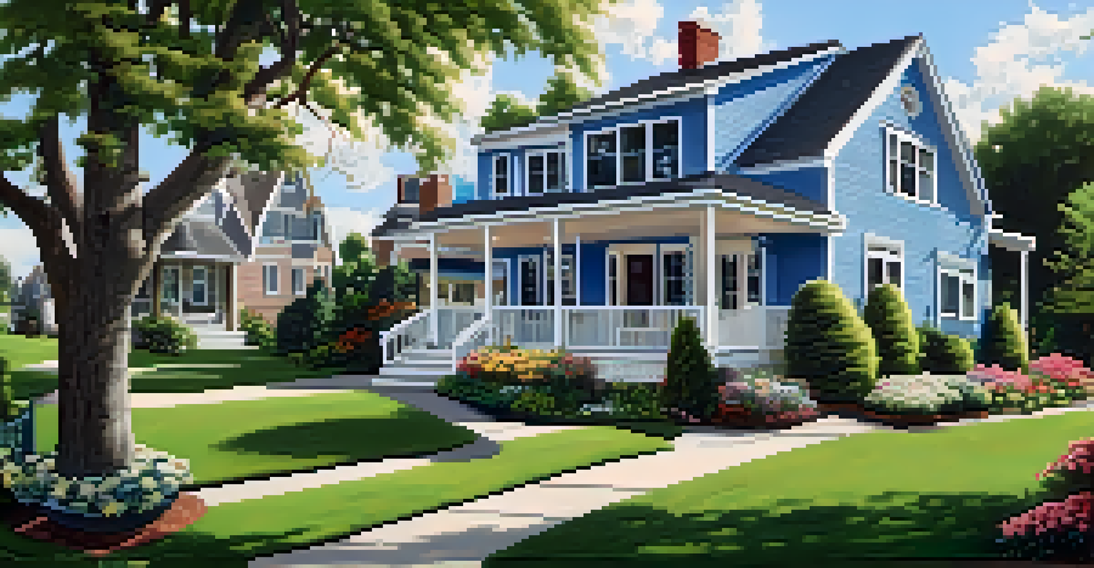 A charming suburban home with a manicured lawn, a front porch, and a clear blue sky, featuring a pathway lined with flowers.